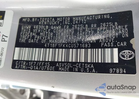 2012 Toyota Camry Se из США, поврежденный, VIN 4T1BF1FK4CU571683